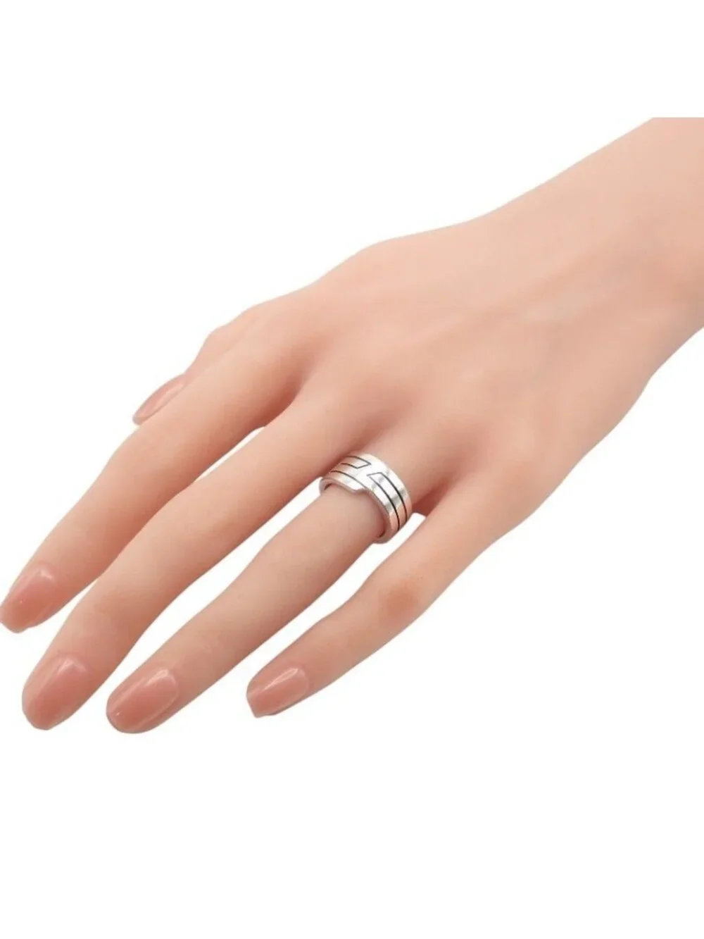Hermes Italique Ring 50 Vintage 925 Sterling Silver Logo Black Simple Out of